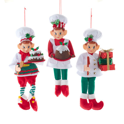 Red & Green Christmas Chef Elf Ornaments, 3 Assorted