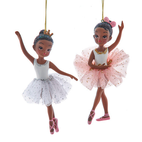 African American Little Girl Ballerina Ornaments, 2 Assorted