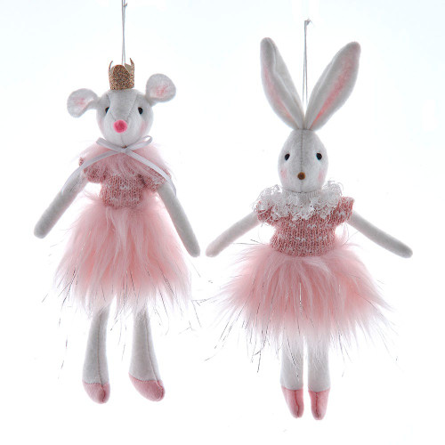 Plush Ballerina Mouse & Rabbit Ornaments, 2 Assorted