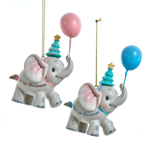 “Baby's 1st Christmas“ Elephant With Balloon Ornaments For Personalization, 2 Assorted
