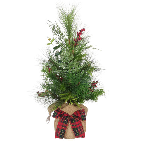 24“ Un-Lit Green Tree With Berries and Plaid Ribbon