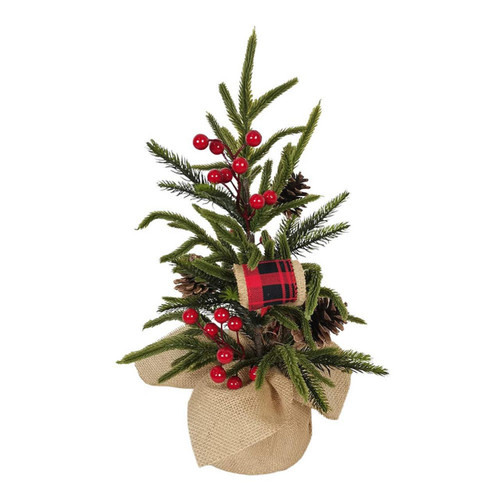 24“ Un-Lit Berries & Pinecones Green Tree In Burlap Base
