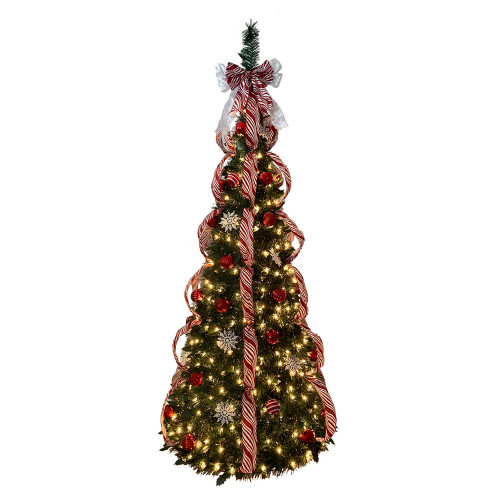 6' Pre-Lit Clear Incandescent Red and White Collapsible Decorated Tree