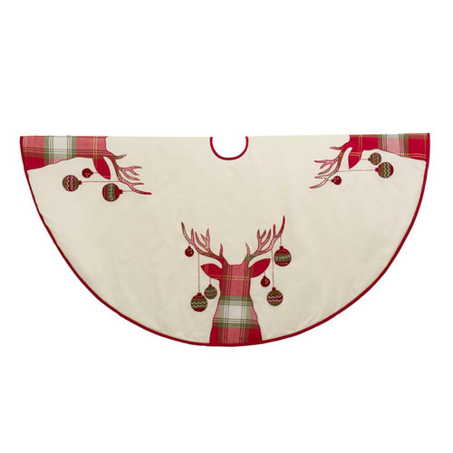 60“ Ivory Dupion With Reindeer Applique Embroidered Tree Skirt