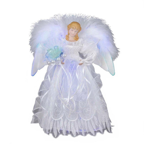 12“10-Light Warm White LED Fiber-Optic White and Silver Angel Treetop