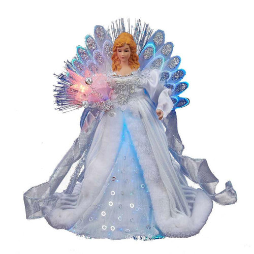 12“ 7-Light Warm White LED Fiber-Optic White and Silver Angel Treetop