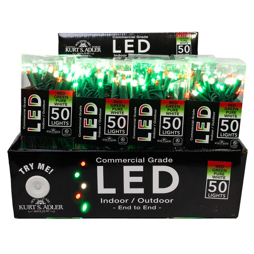 24.5' UL 50L Red, Green & Pure White Frosted 5MM LED Connectible Light Set With Green Wire
