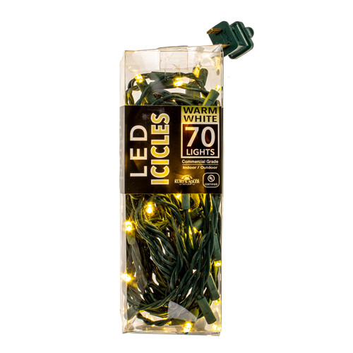 7' UL 70-Light Commercial Grade Warm White LED Green Wire Icicle In PDQ