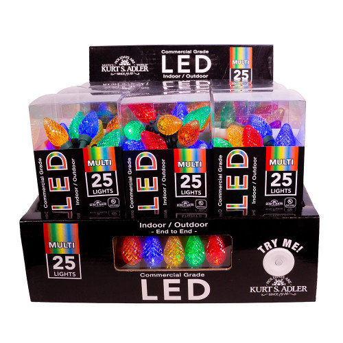12' UL 25-Light Multicolored Faceted LED C7 Light Set With Green Wire