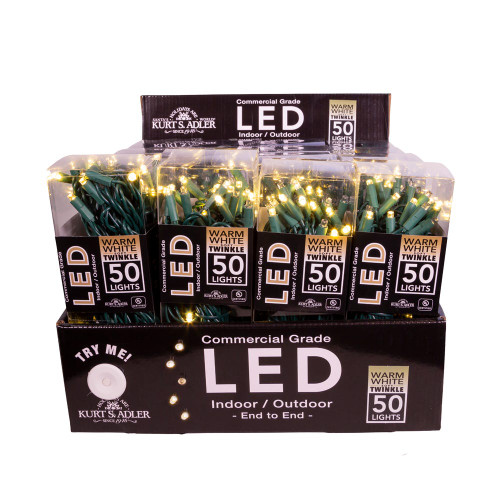 24.5' UL 50L Warm White Soft Twinkle 5MM LED Green Wire Light Set