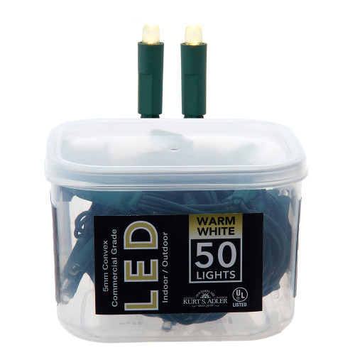 16.3' UL 50-Light Convex Warm White LED Green Wire Light Set