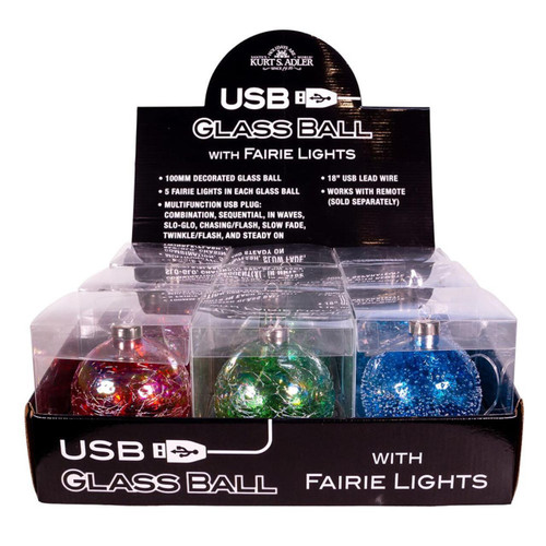 100MM Illuminated Gems USB Lighted Glass Ball Ornaments, 3 Assorted