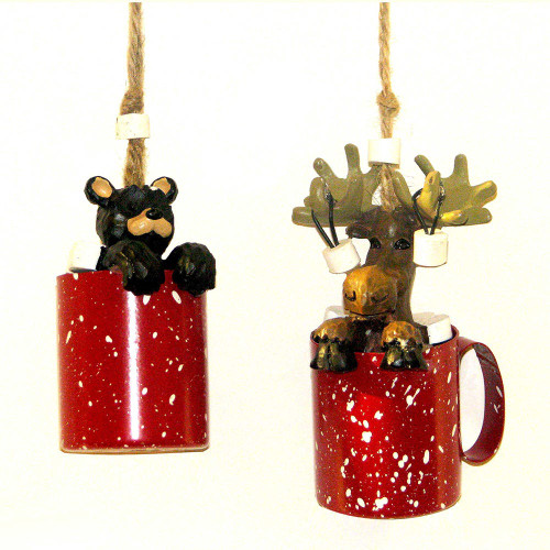 Moose and Black Bear In Mug Ornaments, 2 Assorted