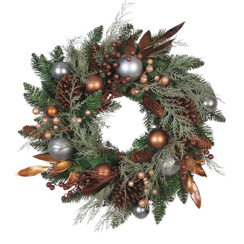 24“ Un-Lit Copper & Silver Balls Green Wreath