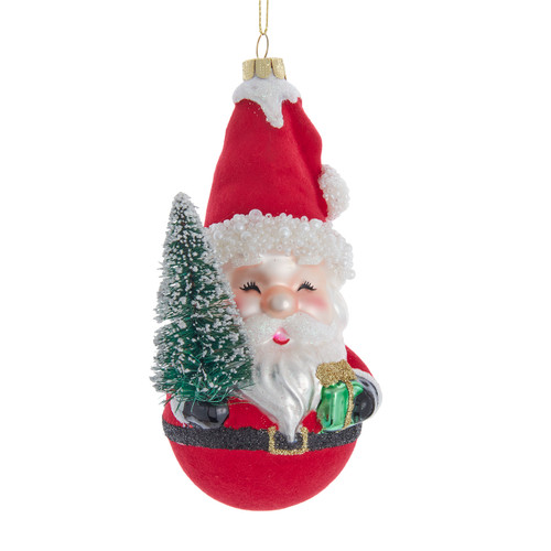 Glass Flocked Santa With Tree Ornament