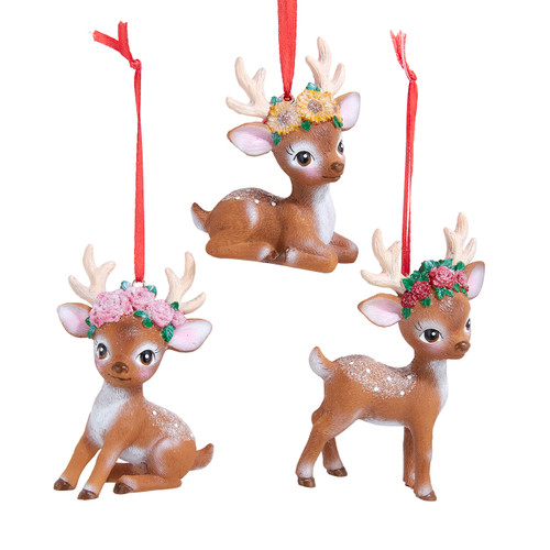 Flower Deer Ornaments, 3 Assorted 
