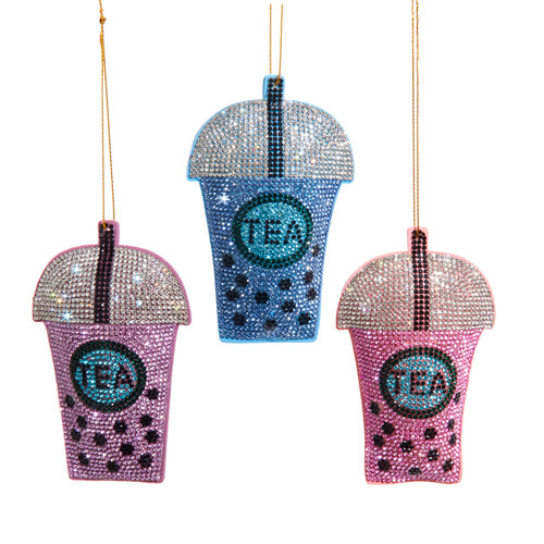 Bedazzled Bubble Tea Ornaments, 3 Assorted