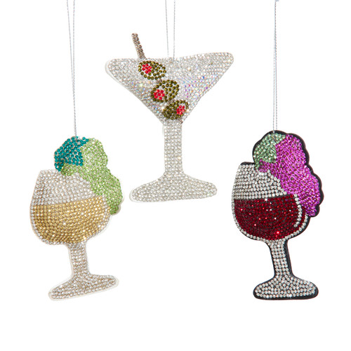 Bedazzled Wine & Martini Drink Ornaments, 3 Assorted