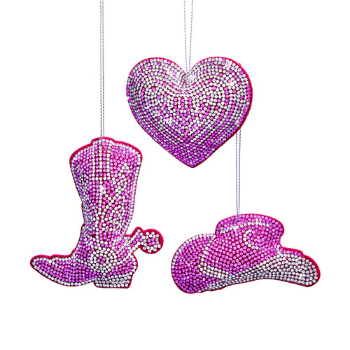 Bedazzled Pink Western Ornaments, 3 Assorted