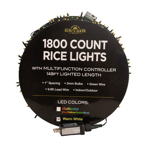 148' 1,800L Warm White LED Multifunction Rice Lights With Green Wire On Spool