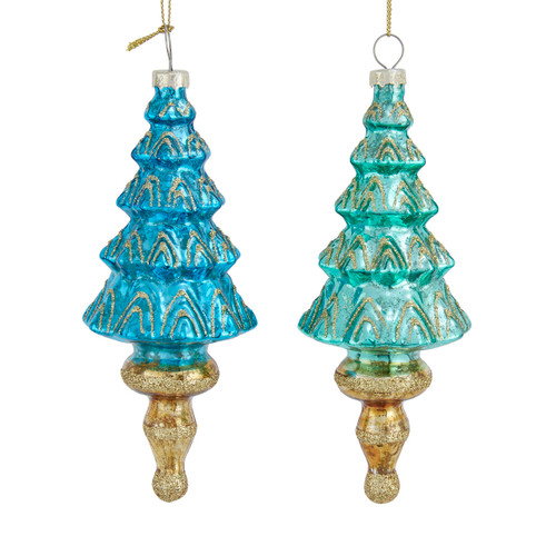 Glass Blue & Gold Christmas Tree  Ornaments, 2 Assorted