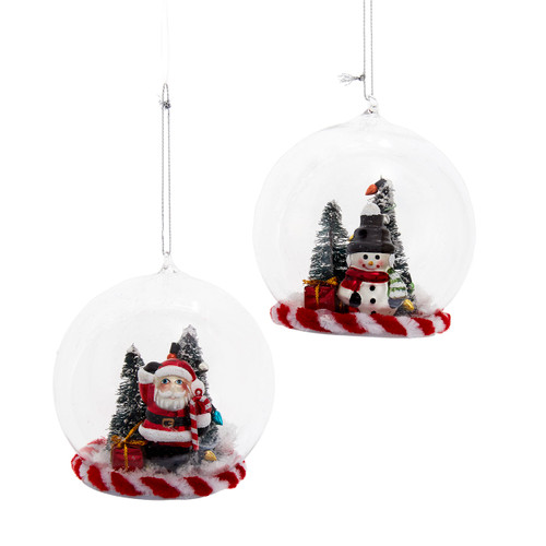 Glass Candy Cane Santa & Snowman With Tree Inside View Ornaments, 2 Assorted 