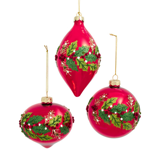 Glass Red Ball, Onion, Drop With Holly Ornaments, 3 Assorted
