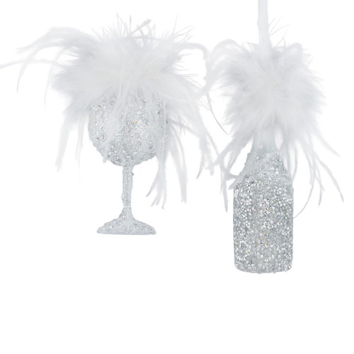 Glass Champagne Bottle & Cup With Feathers Ornaments, 2 Assorted