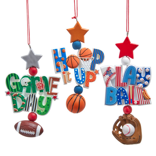 Baseball, Basketball & Football Dangle Ornaments, 3 Assorted