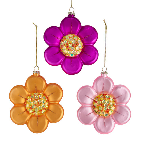 Glass Daisies Ornaments, 3 Assorted