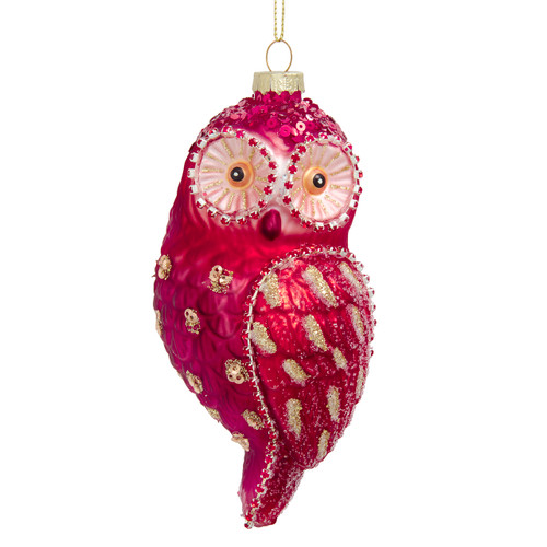 Glass Rose Red Owl Ornament