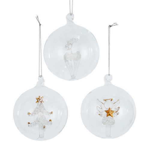 80MM Glass Transparent Ball With Tree, Angel & Deer Inside, 3 Assorted 
