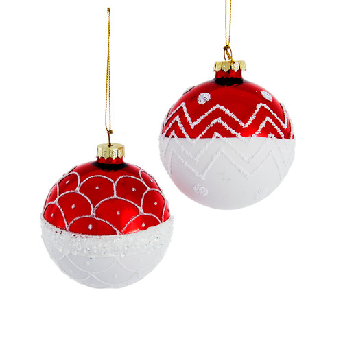 80MM Glass Red & White With White Glitter Design Ball Ornament Set , 6-Pieces
