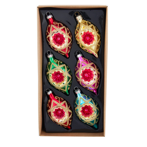 88MM Glass Multicolor Reflector With Gold Glitter  Drop Ornament Set, 6-Pieces