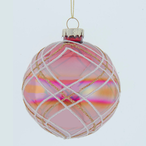80MM Glass Transparent Red With White & Gold Glitter Stripe Ball Ornament Set, 6-Pieces