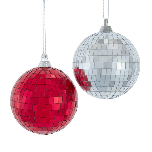 80MM Red & Silver Disco Mirror Ball Ornaments, 2 Assorted
