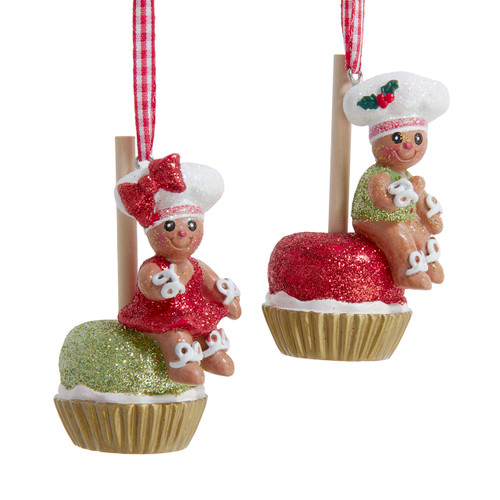 Gingerbread Boy & Girl on Candy Apple Ornaments, 2 Assorted