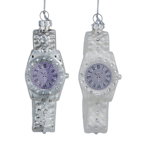 Glass Silver & White Watch Ornaments, 2 Assorted