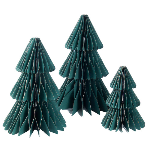 7.8-13.7" Paper Dark Green With Gold Glitter Christmas Tree Table Piece Set, 3-Pieces