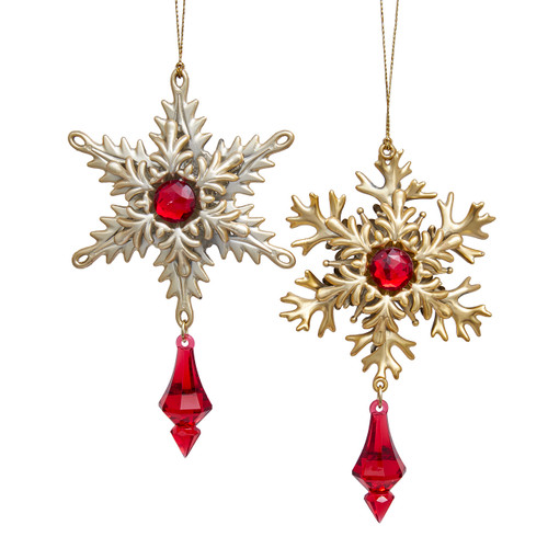 Gold Snowflake With Red Dangle Ornaments, 2 Assorted  