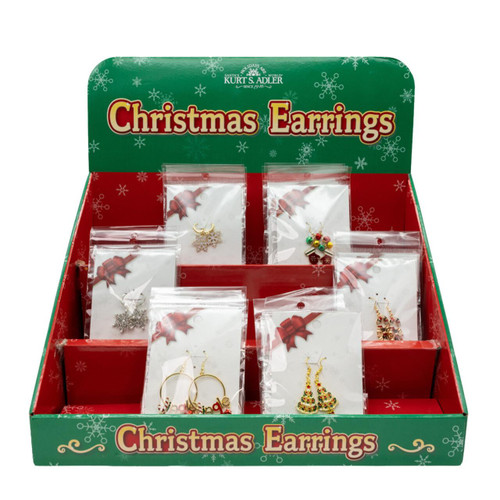 Christmas Earrings With Display Rack, 6 Assorted Styles