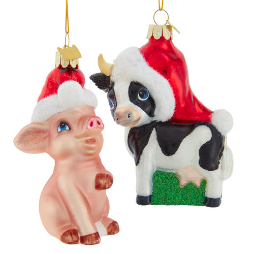 Noble Gems™ Glass Cow & Pig With Santa Hat Ornaments, 2 Assorted