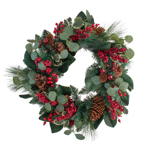 24" Red, Green & Natural Berry & Pinecone Wreath