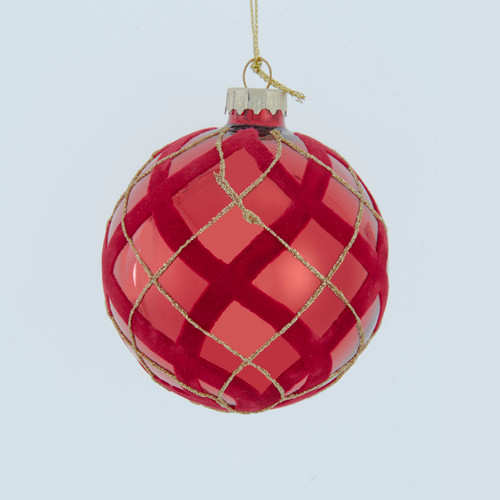 80MM Glass Flocked Red With Gold Glittered Design Ball Ornaments, 6-Piece Set
