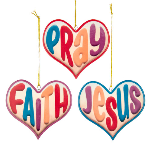 "Jesus," "Faith" & "Pray" Heart Ornaments, 3 Assorted