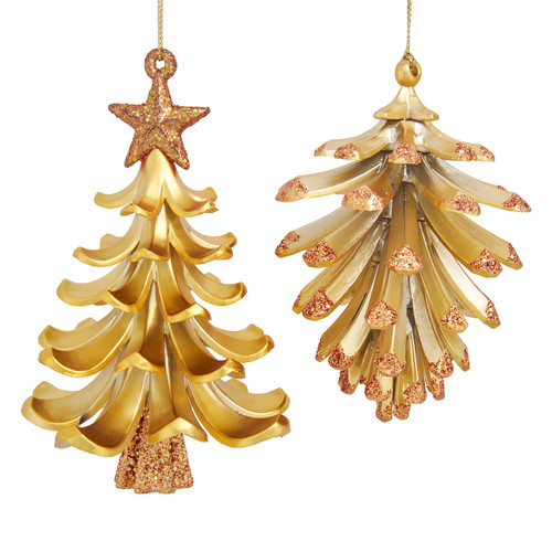 Gold Tree & Pinecone Ornaments, 2 Assorted