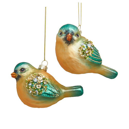 Glass Blue, Green & Gold Bird Ornaments, 2 Assorted