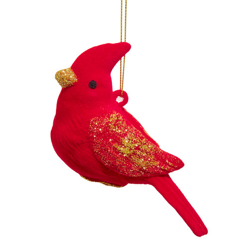 Flocked Red Cardinal With Gold Glitter Trim Ornament