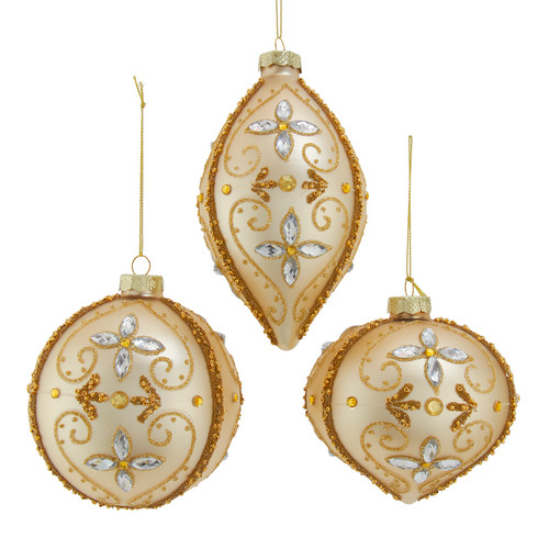 Glass Gold With Gemstones & Glitter Ball, Onion & Drop Ornaments, 3 Assorted