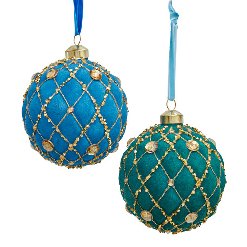 Glass Flocked Blue & Green With Gold Details Ball & Onion Ornaments, 2 Assorted